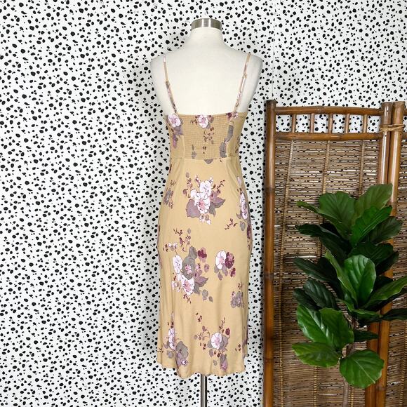 Aritzia | Wilfred Bellow Tan Yellow Floral Print Tie Bust Sexy Summer Midi Dress - Picture 5 of 13